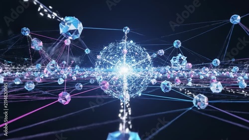Futuristic Digital Network with Connected Nodes and Glowing Data Visualization