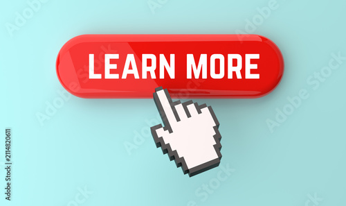 Glossy Red Learn More Button with Cursor Hand Click Isolated on Blue Background 3D Web UI Call to Action