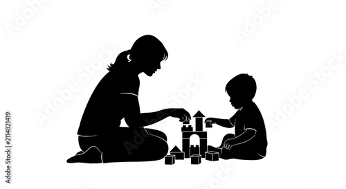 Mother And Child Playing With Blocks Black Silhouette