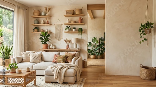 Boho chic living room interior with cozy sofa and potted plants interior houseplants textiles