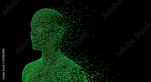 Neon green digital human silhouette dissolving into pixelated particles against dark.