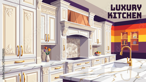 Fotografie Luxury classic white kitchen cabinets with carved wooden details, elegant marble countertop, golden handles, sophisticated residential interior, realistic vector illustration, premium background