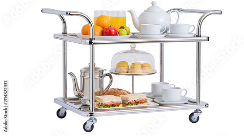 Silver two tier serving cart with tea sandwiches and fruit isolated on transparent background png cutout