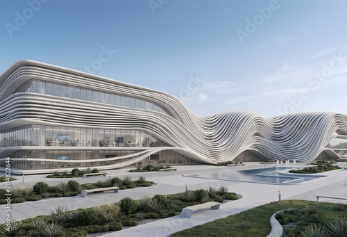 Abstract White Curved Architectural Background with Futuristic Minimalist Design