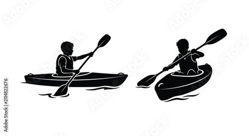 Photography Two kayakers paddling in boats with oars depicted as a black silhouette kayak ka