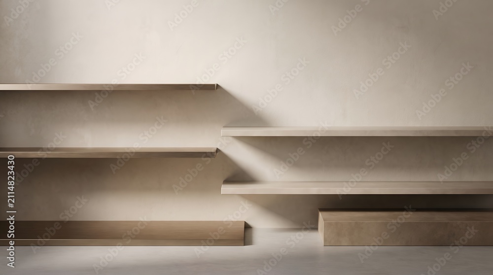 Obraz premium Empty minimalist wall shelves for product display against beige wall