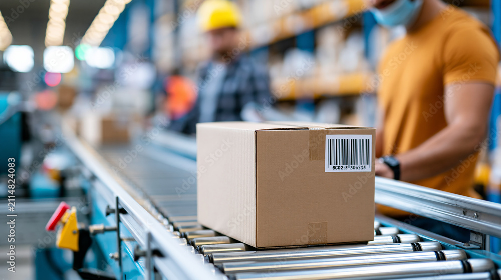 Fototapeta premium Cardboard package moving on a conveyor belt while a worker performs an inventory check, distribution warehouse activity, with copy space