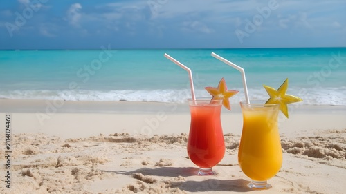 Two refreshing tropical cocktails on a sandy beach during a relaxing summer bank holiday vacation getaway