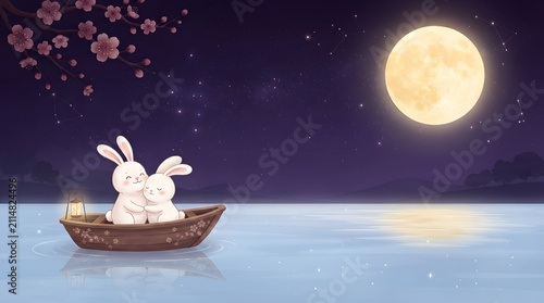 Two cute cartoon rabbits sitting in a small wooden boat on a calm lake under a bright full moon celebrating the mid autumn festival china tradition