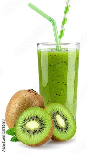 A refreshing green smoothie in a tall clear glass with two straws, accompanied by two whole kiwis and one halved kiwi