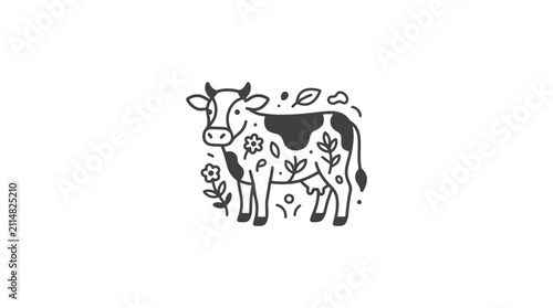 Cute Hand-Drawn Cow with Floral Elements