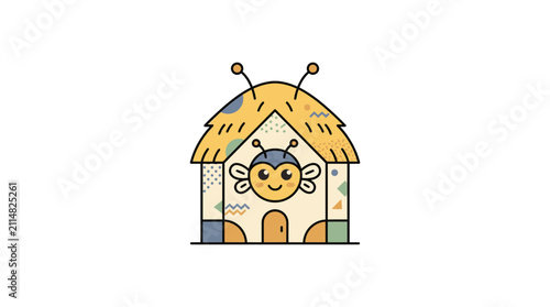 Cute Bee Character Home with Geometric Patterns