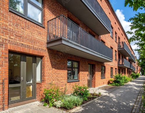 A red brick apartment building with balconies and a walkway