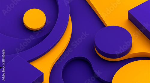 Vibrant 3D abstract background with purple and yellow geometric shapes including cylinders, circles, and curved forms creating depth and contrast