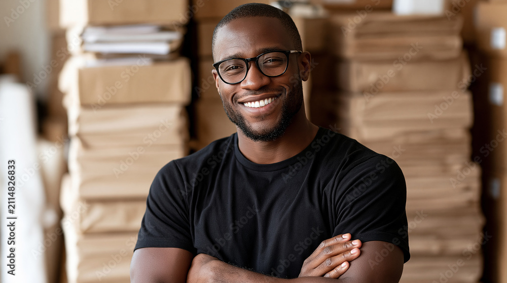 Obraz premium Man with arms crossed smiling beside stacked boxes in a packing room, small business pride, with copy space