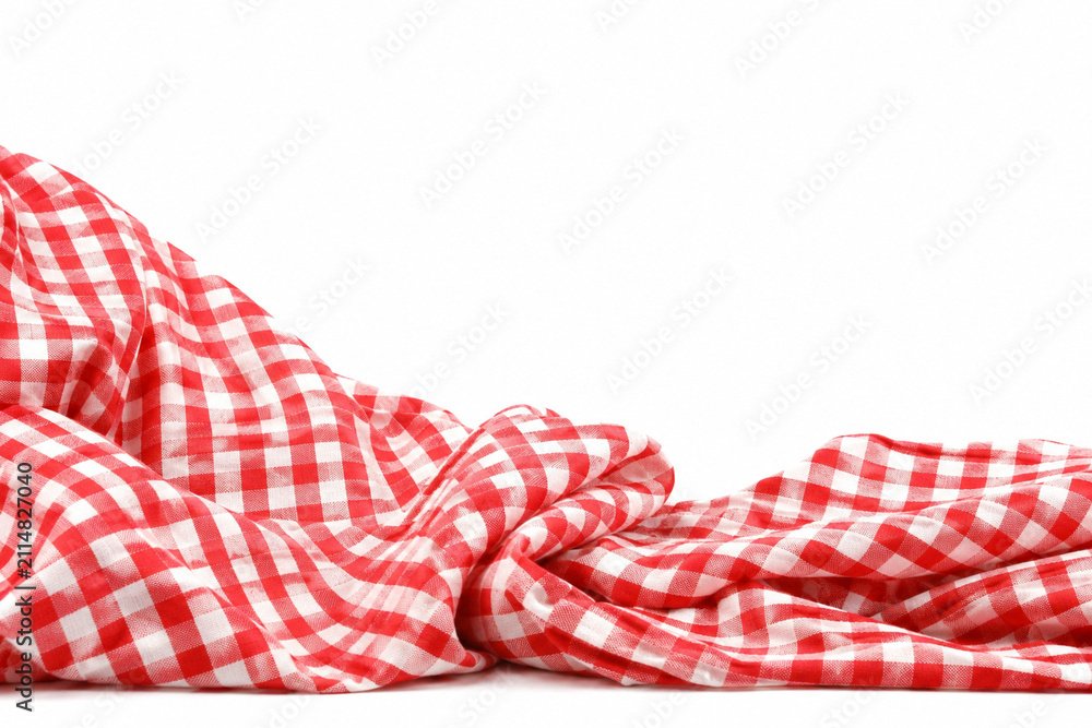 Fototapeta premium Red and White Gingham Picnic Tablecloth Draped in Soft Folds on White Background with Copy Space