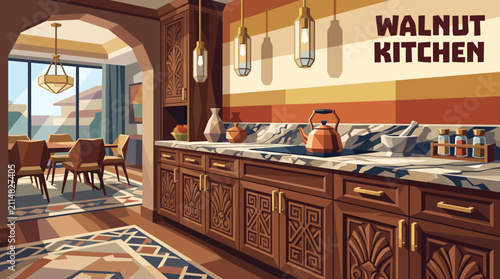 Photography Elegant walnut kitchen cabinets featuring intricate carvings, luxurious stone countertop, brass hardware, timeless classic design, realistic vector illustration, premium residential background