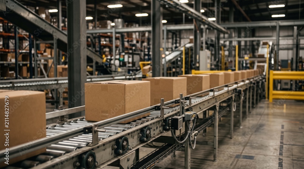 Fototapeta premium Forklift Operator Working in a Busy Industrial Warehouse with Modern Equipment, Manufacturing Storage, and Factory Interior for Logistics and Business Operations