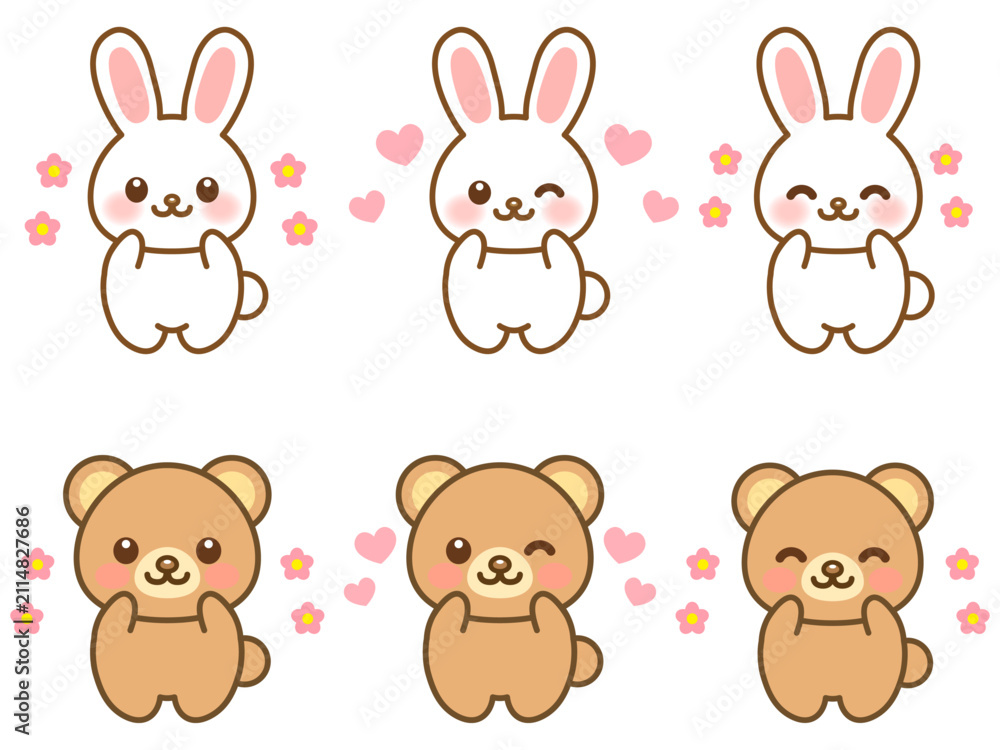 Fototapeta premium かわいい兎と熊のイラスト素材セット