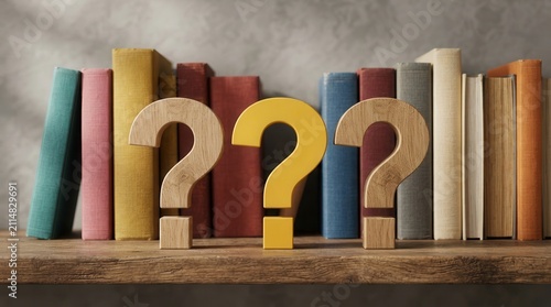 A collection of colorful books and inquisitive question marks representing a quest for knowledge.