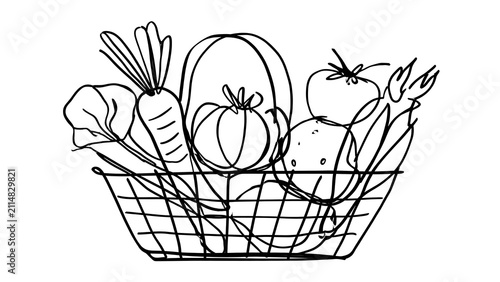 Hand drawn basket of fresh vegetables white background.