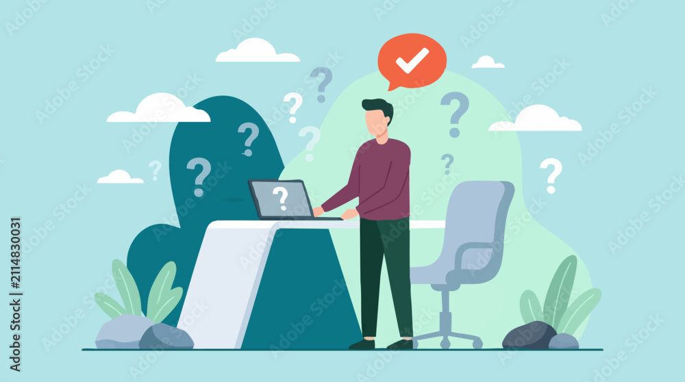 Fototapeta premium Conceptual image of man solving problems, reaching solution with laptop