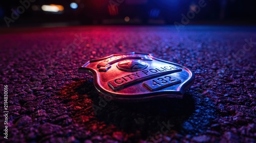 city police badge on wet dark asphalt at night, illuminated by flashing red and blue lights. law enforcement and crime scene investigation concept. banner, website header with copyspace.