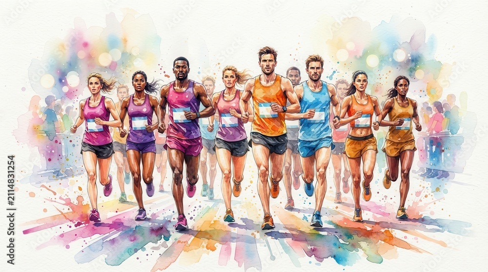 Obraz premium A dynamic watercolor painting of diverse runners competing in a marathon with bright colors.