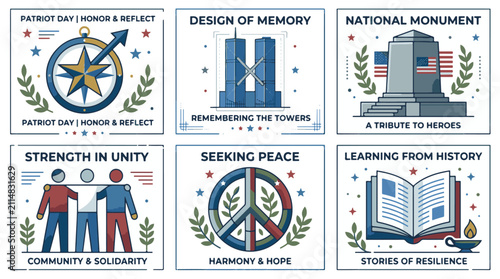 Patriot Day Remembrance and Unity Concepts with Peace and Resilience Illustrations