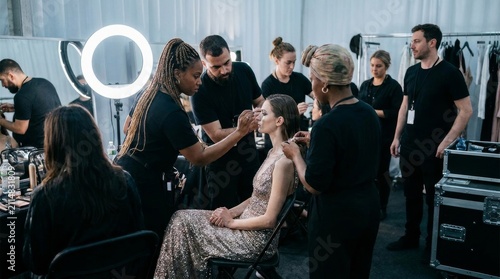 Professional makeup artists preparing a model backstage at a fashion show with stylish lighting and a collaborative atmosphere