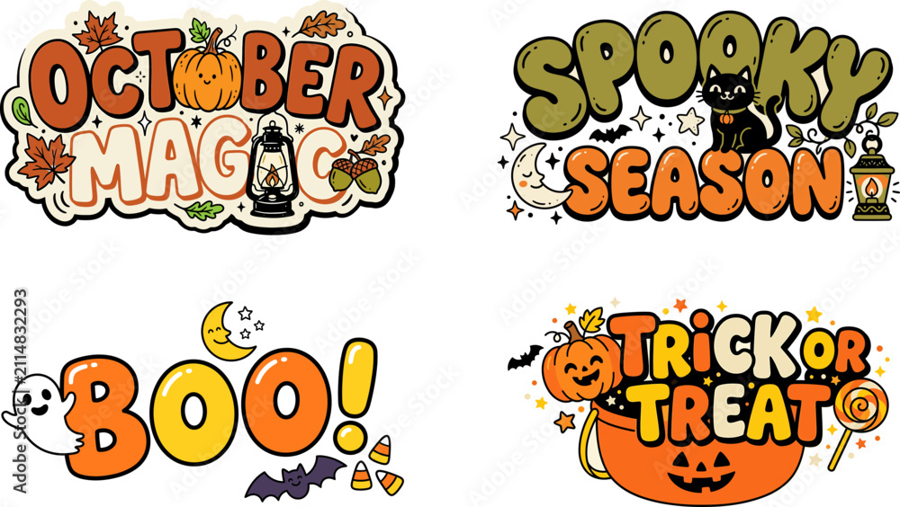 Fototapeta premium Set of colorful halloween typography designs featuring spooky season quotes and decorative autumn holiday elements for festive projects