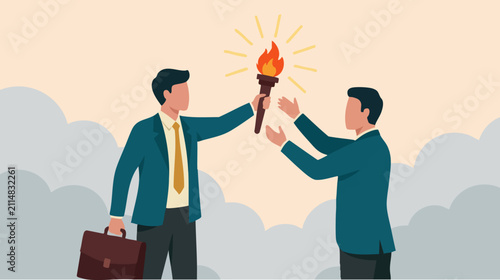 Bild auf Leinwand Businessmen passing a flaming torch, symbolizing leadership and succession