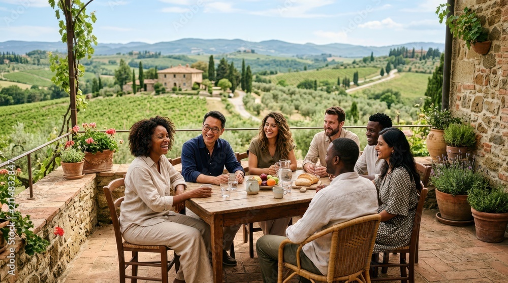 Obraz premium Diverse group of friends enjoying a meal together on a terrace with a scenic Tuscan landscape