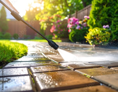 A pressure washer nozzle sprays water on a wet stone pathway in a garden