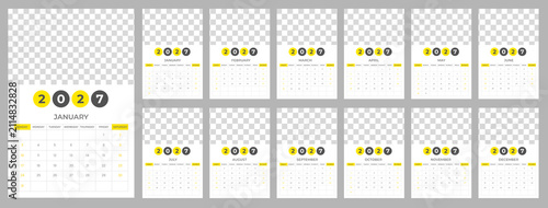 2027 Wall Calendar design template set. 2027 Calendar Design Template Yellow Photo Frame 12 Months Wall Desk Calendar Vector Layout.