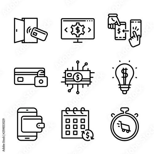 Outline mobile payment gateway embedded finance secure digital wallet and subscription icon set