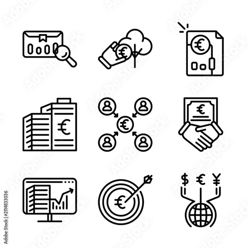 Outline Euro corporate finance portfolio investment management and global equity market icon set