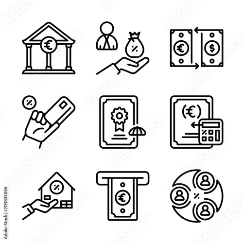 Outline European banking finance Euro currency exchange mortgage loan and tax policy icon set