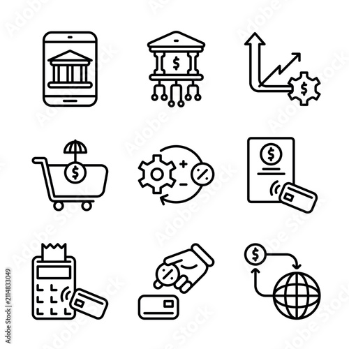 Outline digital banking financial technology automated payment contactless checkout icon set