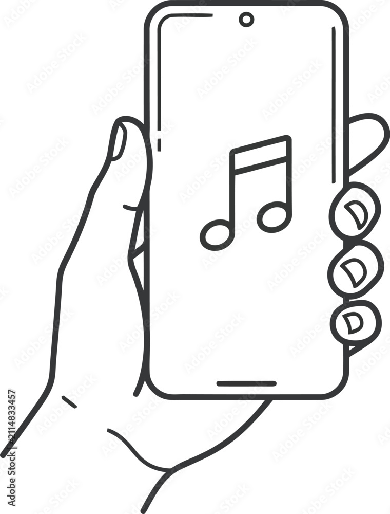 Fototapeta premium A hand holding a smartphone showing a music note symbol on the screen as a simple line art drawing
