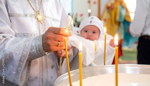 A priest in white robe holds candles with a baby behind
