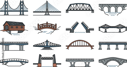 Fotografía Architecture and civil engineering bridge icon collection featuring detailed lin