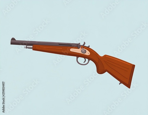 A rifle with a brown wooden stock and metal components against a light blue background