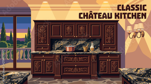Фотография Dark mahogany classic kitchen cabinets with ornate carved panels, granite countertop, elegant lighting, luxurious residential atmosphere, realistic vector illustration, premium background