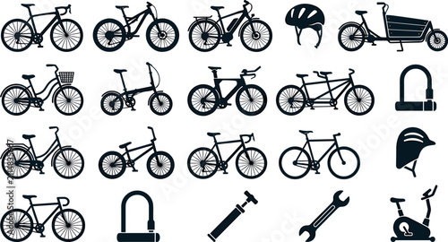 Bicycle silhouette icon set featuring mountain road electric folding tandem bmx and race bikes with cycling accessories helmet pump and padlock vector illustration