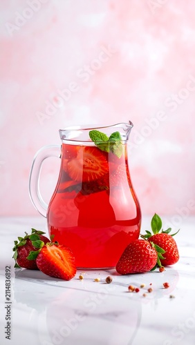 A refreshing pitcher of pink strawberry lemonade with fresh strawberries and mint on a white table against a soft pink background