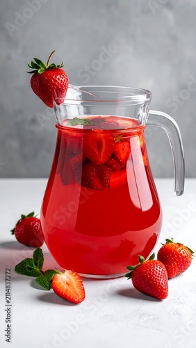 A refreshing pitcher of red liquid with strawberries