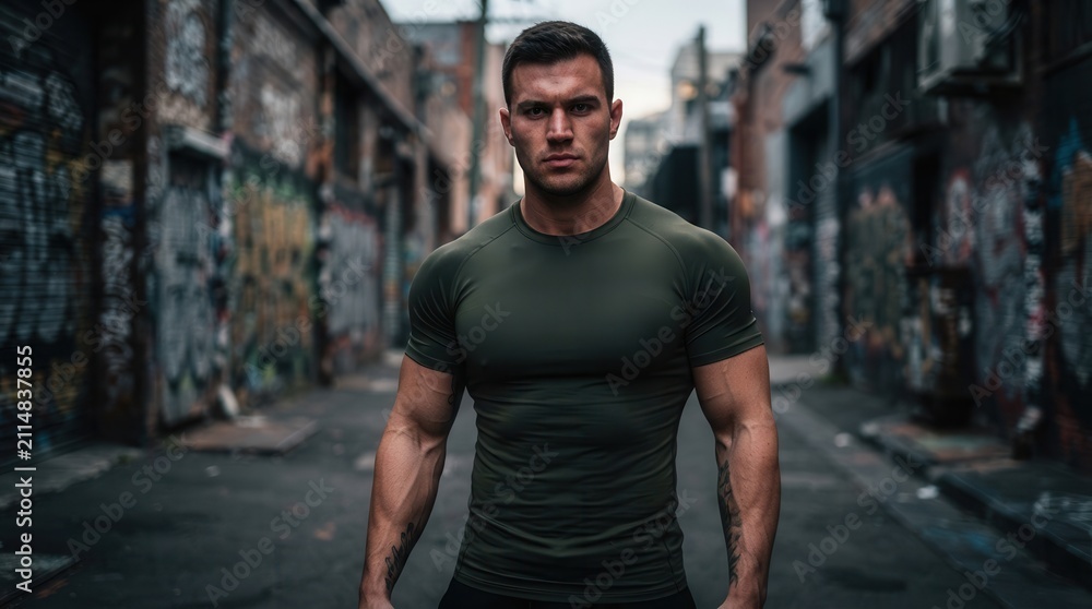 Fototapeta premium Strong athletic man in a tight green compression shirt within a gritty city setting.