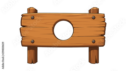 Foto Cartoon wooden stockade board with round cutout opening