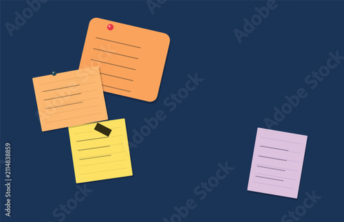 Canvas Print Colorful sticky notes with reminders pinned on a dark blue wall for office organ